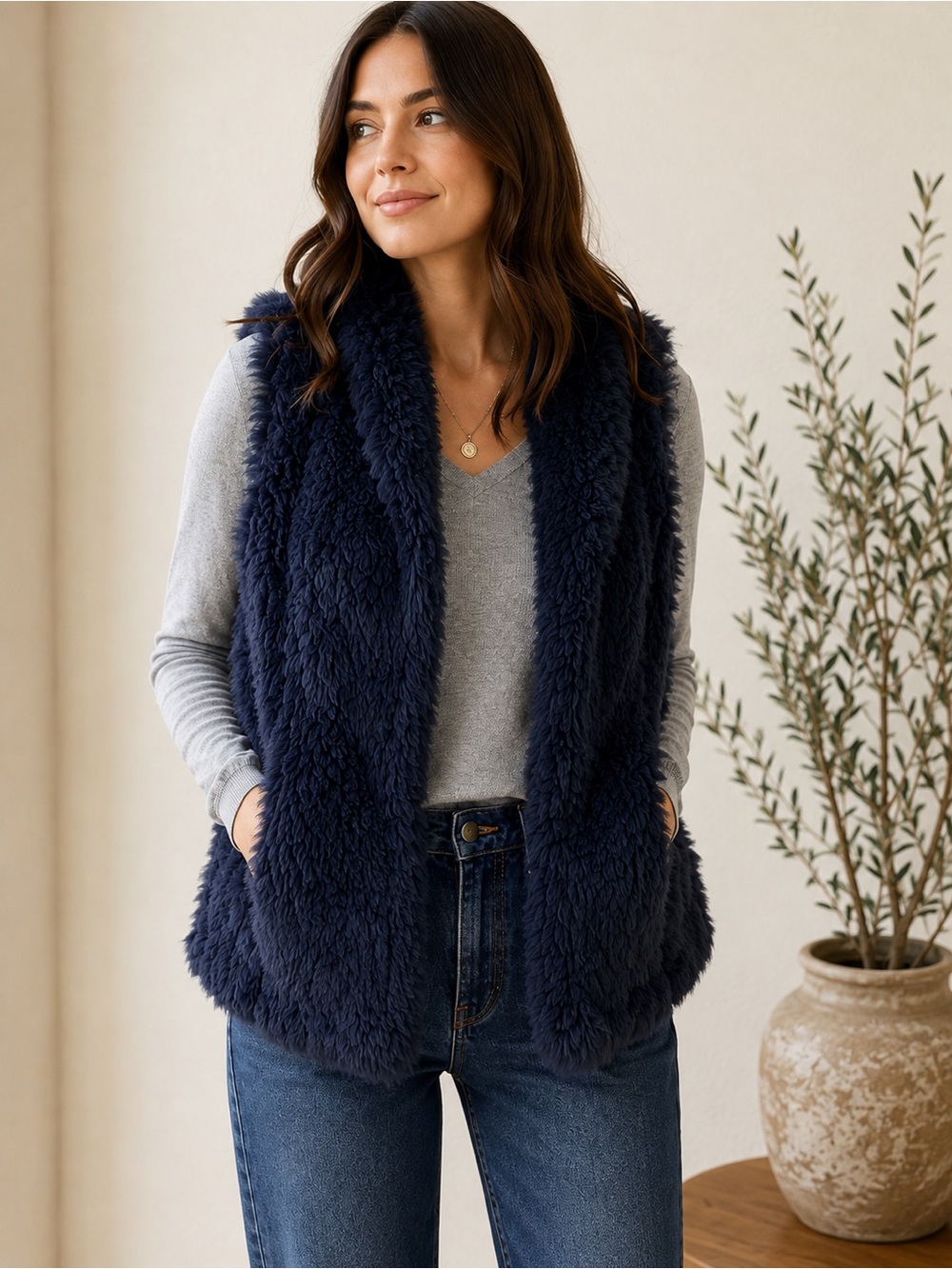 Love Token Genuine Rabbit Fur Open Front Vest Navy Blue Luxe Layering Womens OS